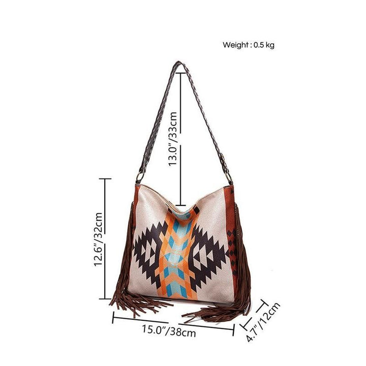 Bohemian Chic Large Canvas Shoulder Bag with Colorful Knitting and Tassel Details