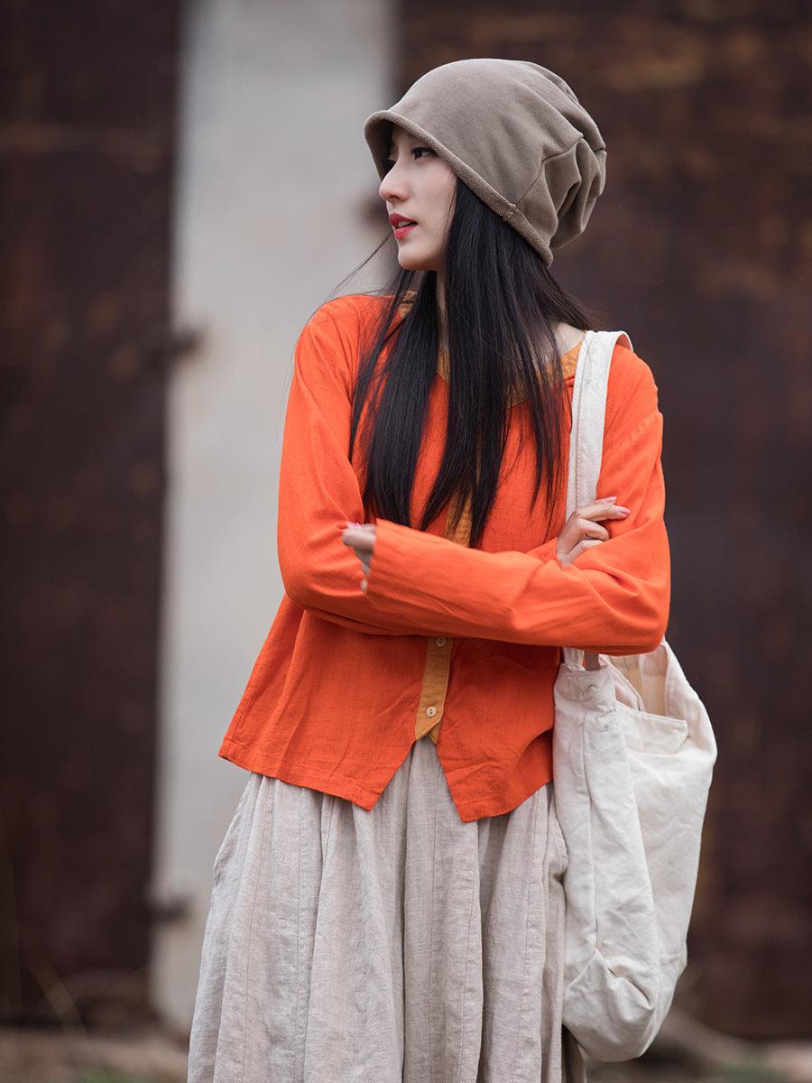 Artistic Retro Contrast Color Design Cotton And Linen New Round Neck Loose Shirt - Trendha