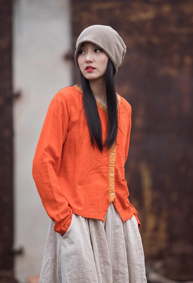 Artistic Retro Contrast Color Design Cotton And Linen New Round Neck Loose Shirt - Trendha