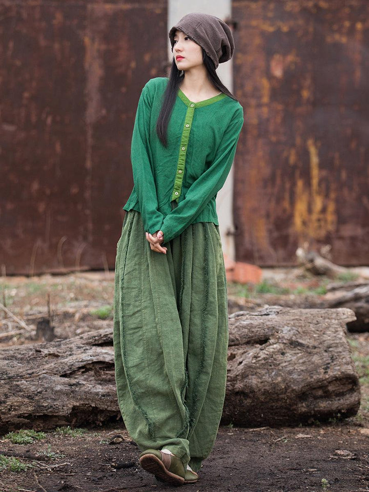 Artistic Retro Contrast Color Design Cotton And Linen New Round Neck Loose Shirt - Trendha