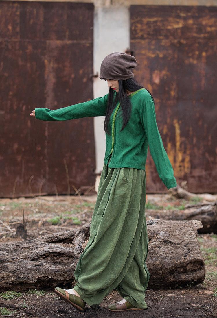 Artistic Retro Contrast Color Design Cotton And Linen New Round Neck Loose Shirt - Trendha