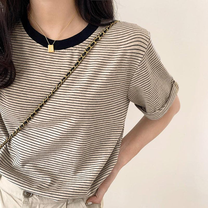 Autumn And Winter Brown Pullover Base Short Sleeve Turtleneck Round Neck Temperament Commute Striped Loose Cotton Base Shirt - Trendha