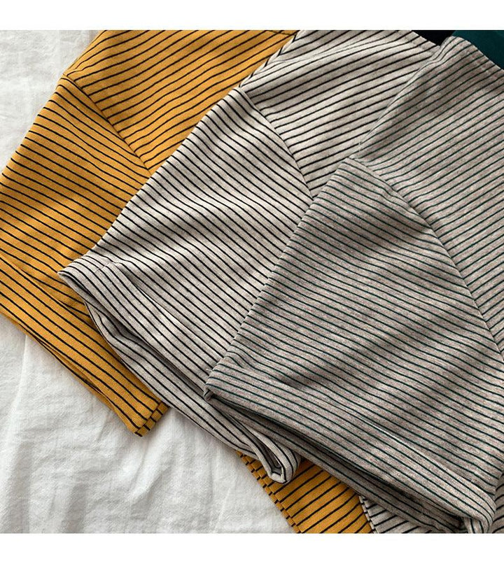 Autumn And Winter Brown Pullover Base Short Sleeve Turtleneck Round Neck Temperament Commute Striped Loose Cotton Base Shirt - Trendha