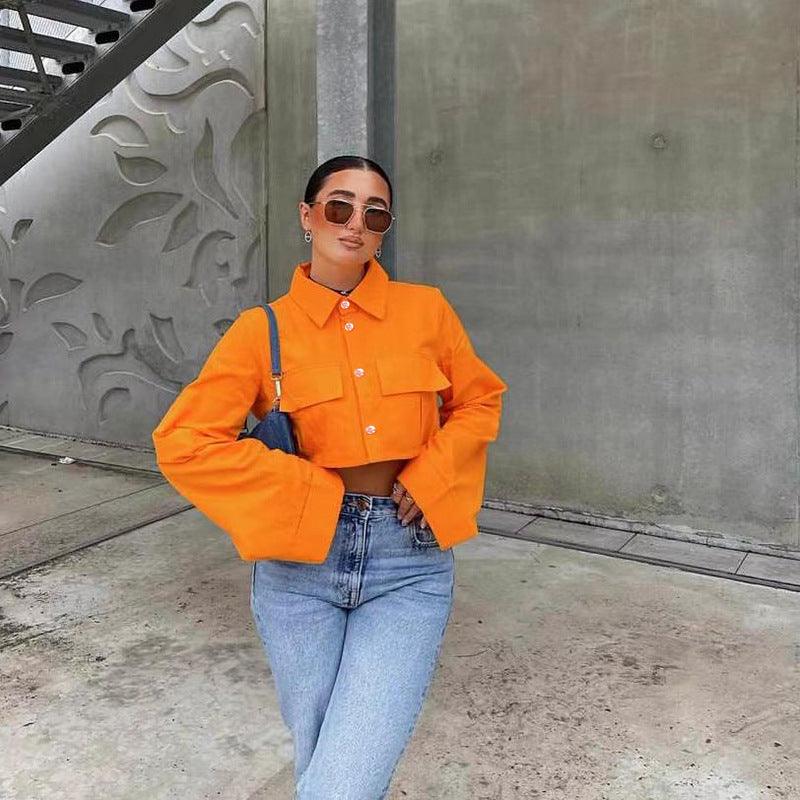 Autumn New Fashion Solid Pocket Short Shirt - Trendha