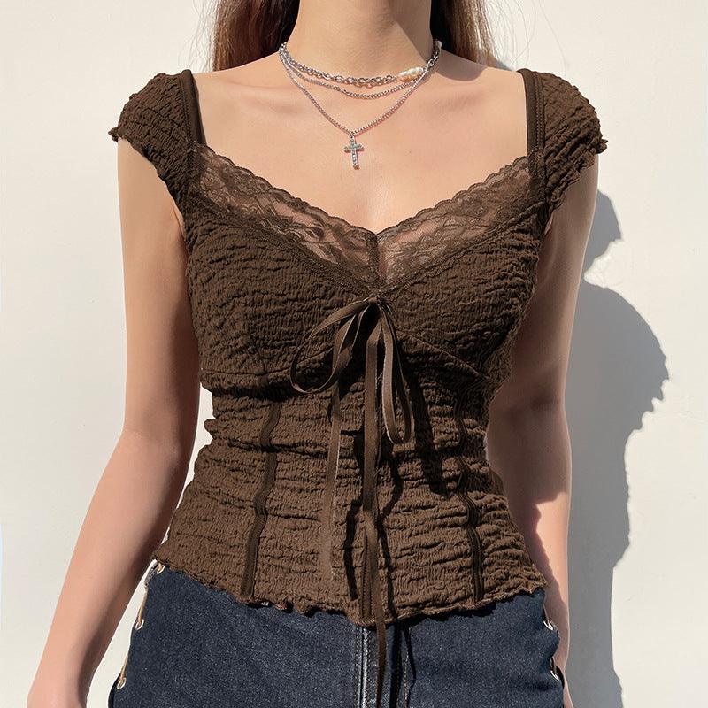 Brown Vintage Bow Fashion Top - Trendha