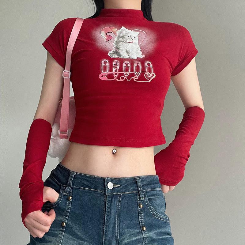 Cat Printing Cropped T-shirt Street Style - Trendha