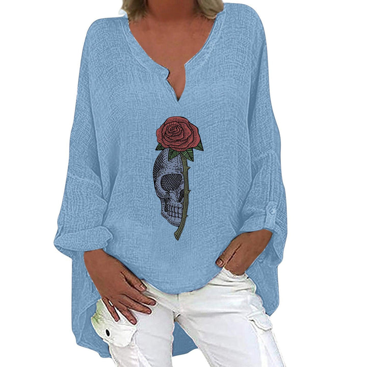 Halloween Themed Print V-neck Cotton Linen Long Sleeve Shirt For Women - Trendha