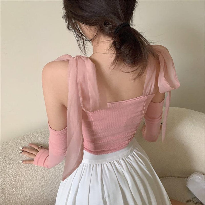 Chest Wrap Strap Bow Knit Tank Top - Trendha