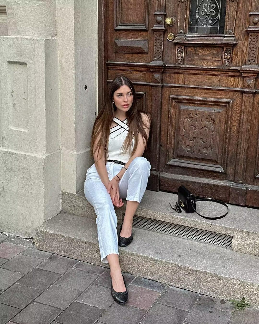 Contrast Color Cross V-neck Sling Top - Trendha