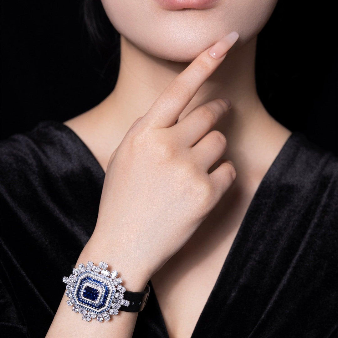 Elegant Sapphire And Diamond Watch With Necklace - Trendha