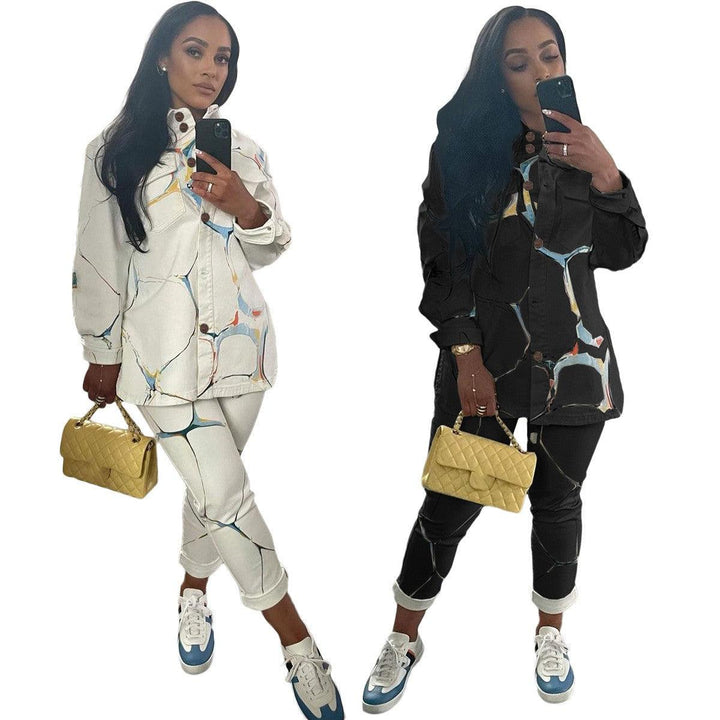 Fashion Casual Printing Shirt Collar Coat Two-piece Set - Trendha