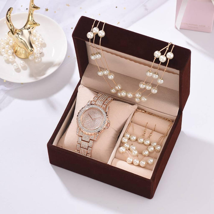 Fashion Creative Diamond Full Diamond Round Watch Pearl Bracelet Earring Necklace - Trendha
