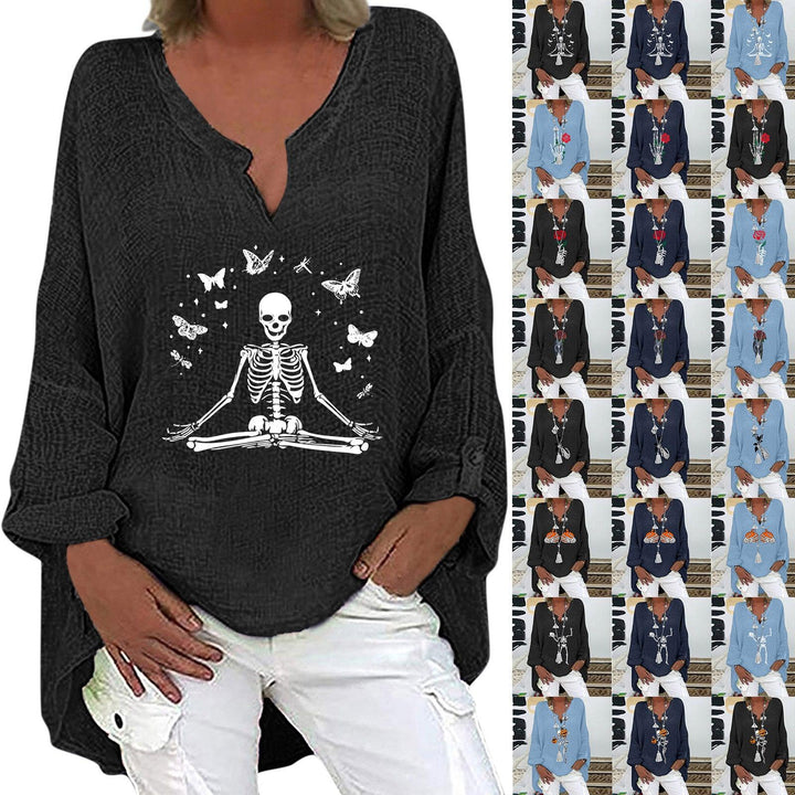 Halloween Themed Print V-neck Cotton Linen Long Sleeve Shirt For Women - Trendha