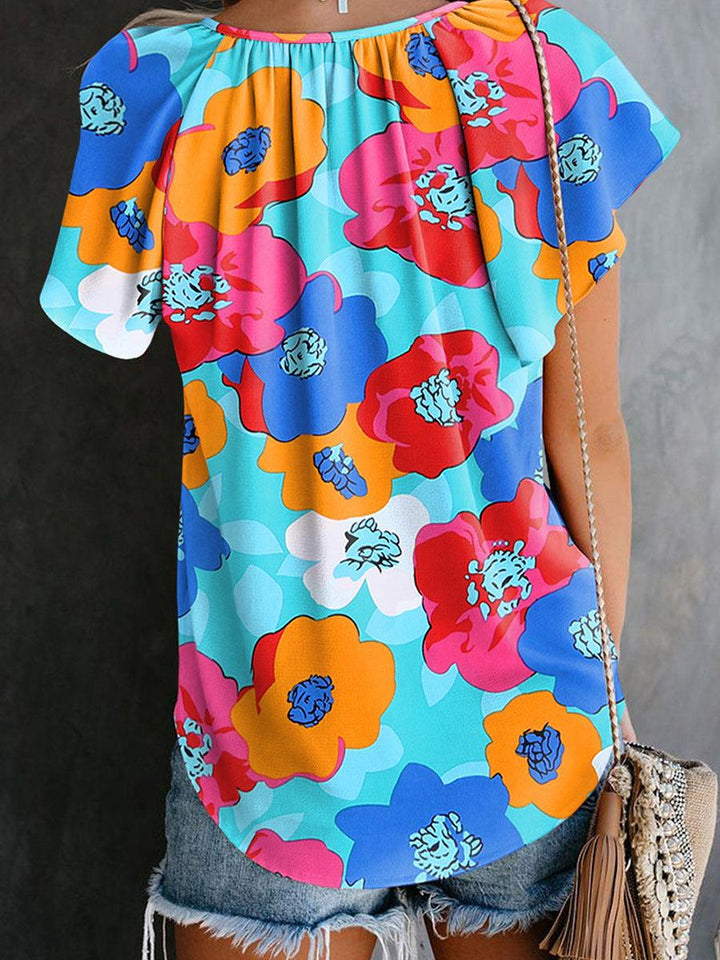 Floral Print Drawstring V-neck Short Sleeve - Trendha