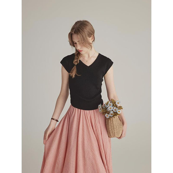 Gentle Solid Color Simple V-neck Short Sleeve Slimming Women's - Trendha