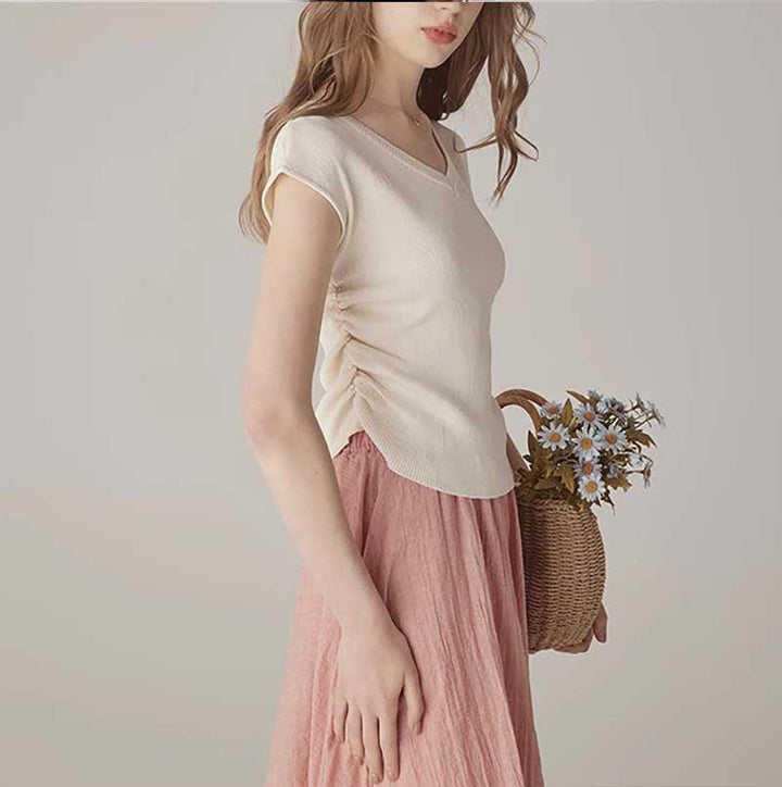 Gentle Solid Color Simple V-neck Short Sleeve Slimming Women's - Trendha