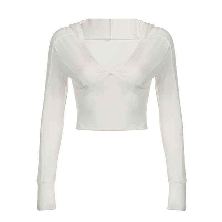 Hooded Low-cut V-neck Thin Slim-fit Base Top With A Slimming Temperament, Short Car And Long Sleeves - Trendha