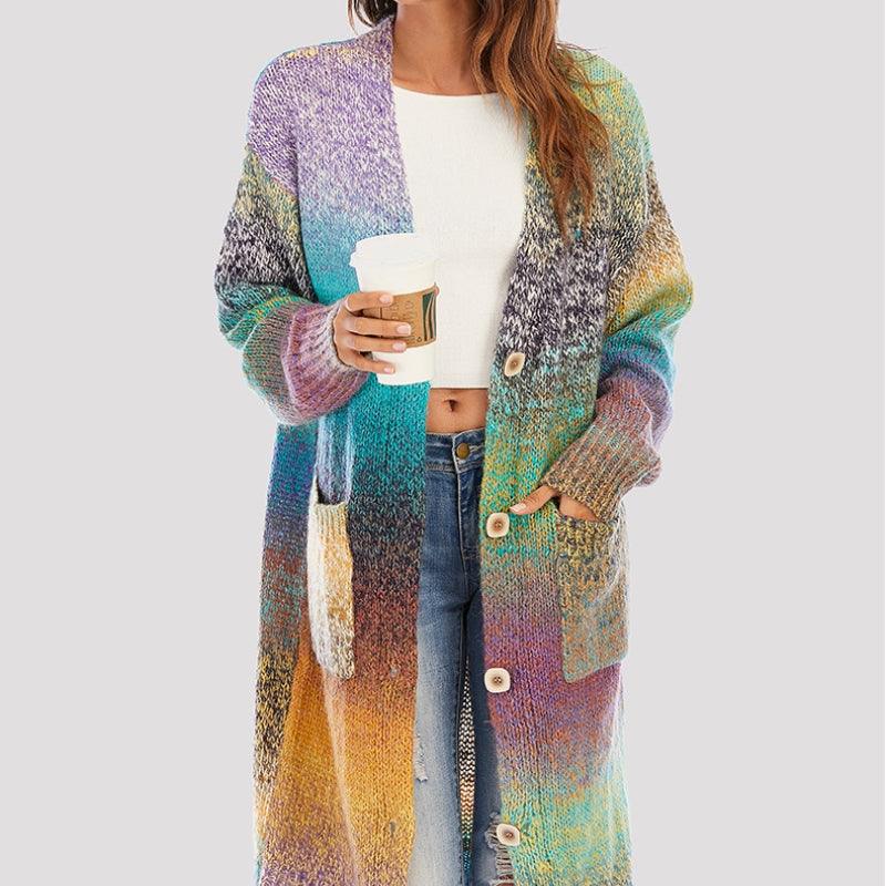 Knitted Sweater Loose Rainbow Long Coat Wool Cardigan - Trendha