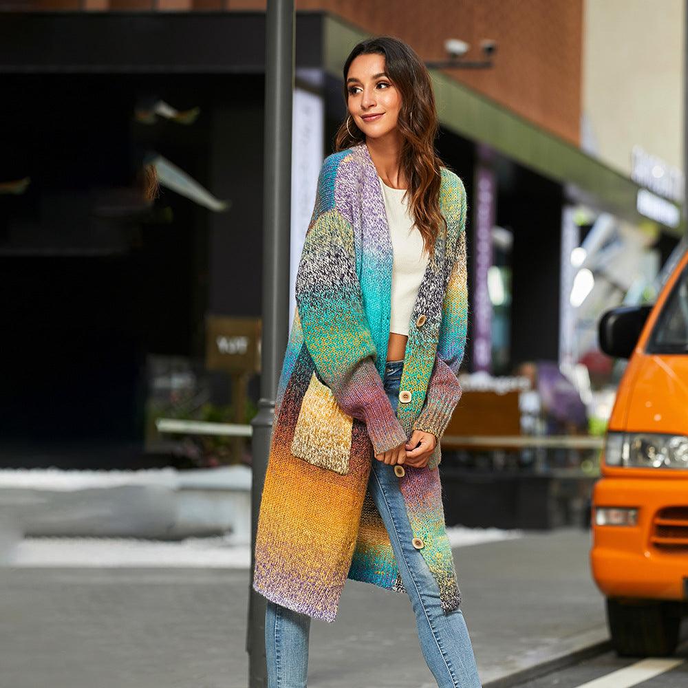 Knitted Sweater Loose Rainbow Long Coat Wool Cardigan - Trendha
