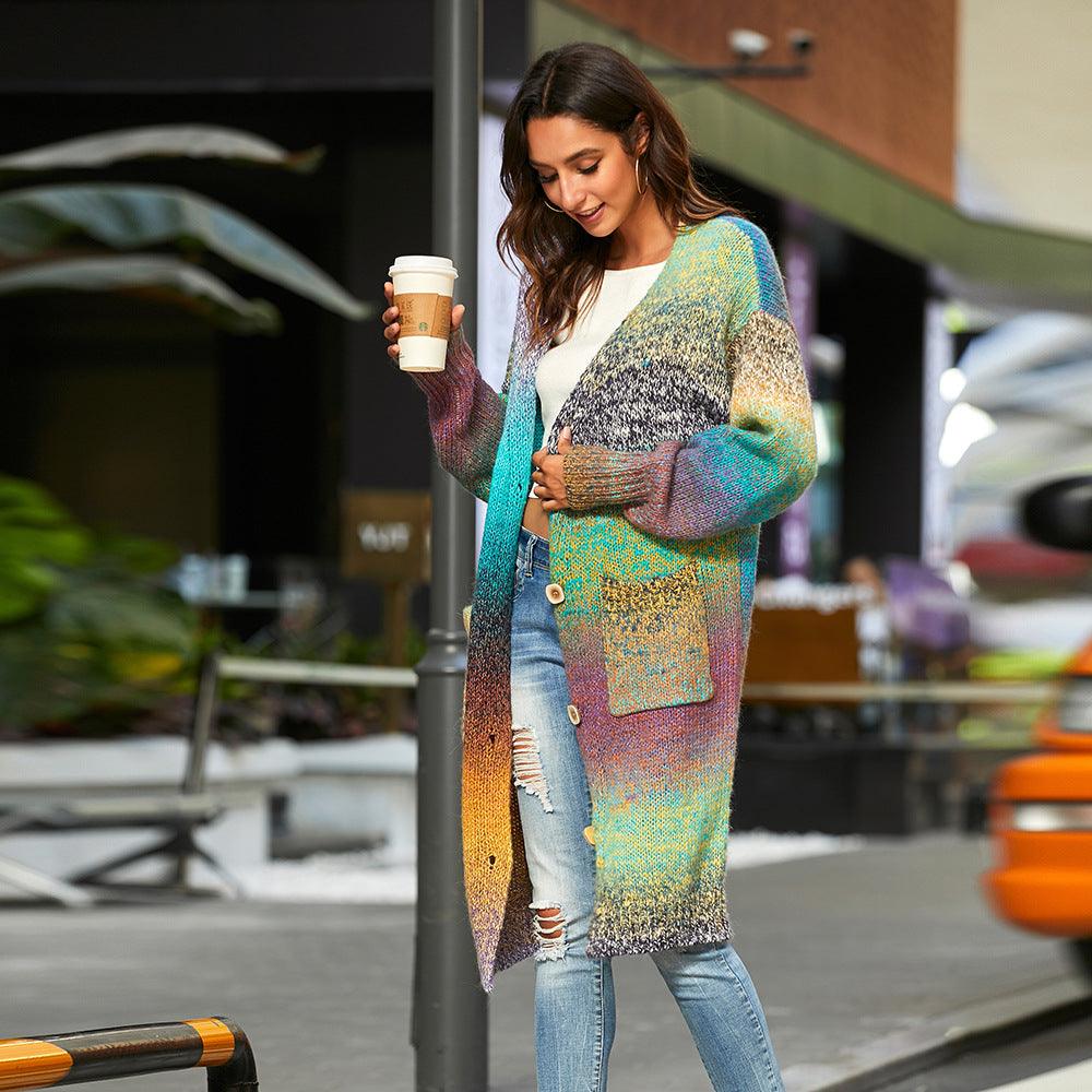 Knitted Sweater Loose Rainbow Long Coat Wool Cardigan - Trendha