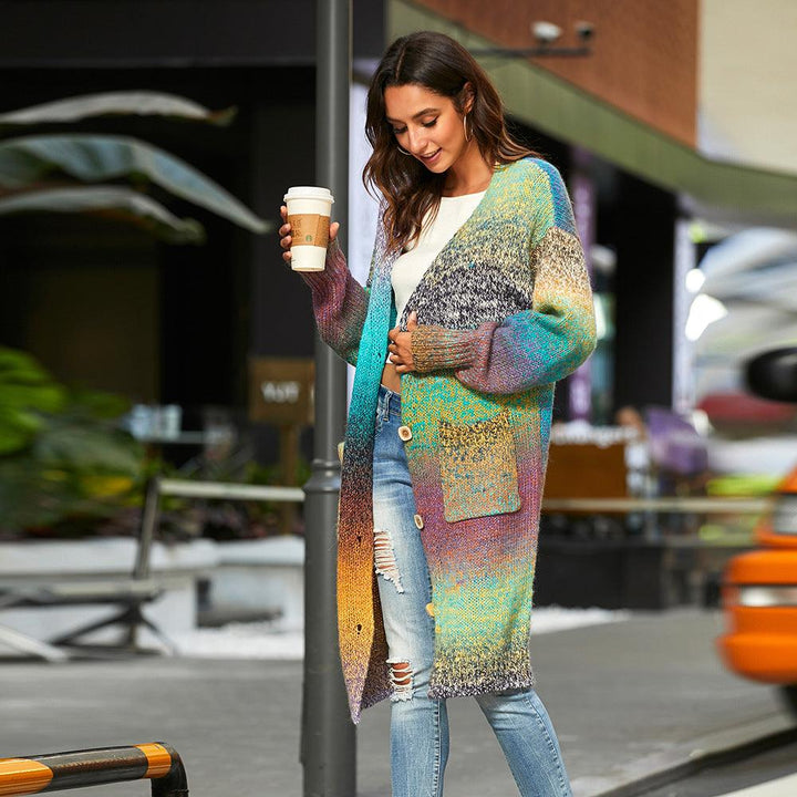 Knitted Sweater Loose Rainbow Long Coat Wool Cardigan - Trendha