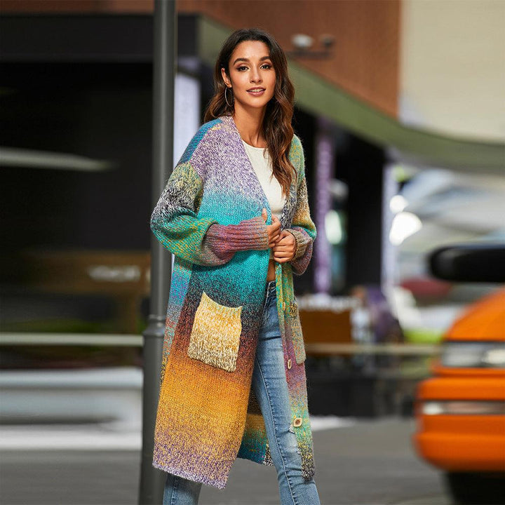 Knitted Sweater Loose Rainbow Long Coat Wool Cardigan - Trendha