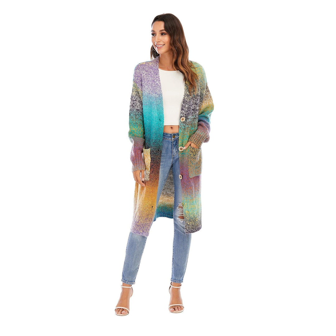 Knitted Sweater Loose Rainbow Long Coat Wool Cardigan - Trendha