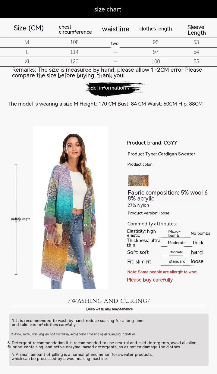 Knitted Sweater Loose Rainbow Long Coat Wool Cardigan - Trendha