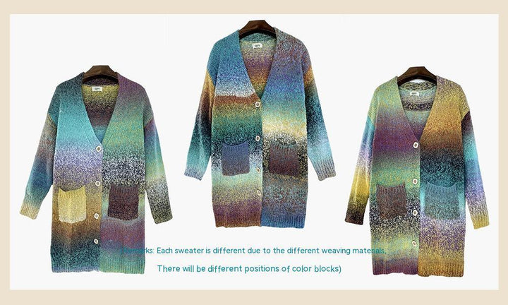Knitted Sweater Loose Rainbow Long Coat Wool Cardigan - Trendha