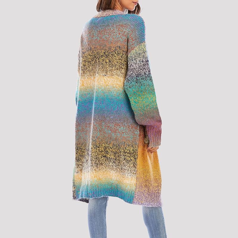 Knitted Sweater Loose Rainbow Long Coat Wool Cardigan - Trendha