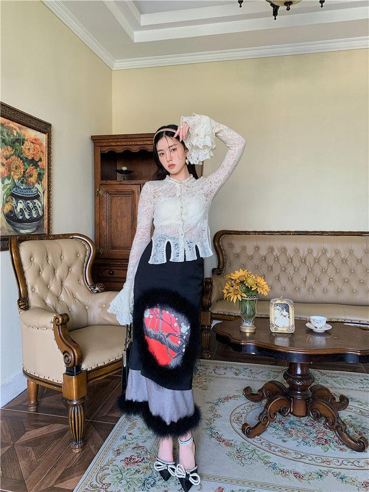 Lace Fabric Patchwork Large Hem Ruffled Sleeve Shirt - Trendha