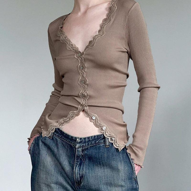 Lace Spliced Ribbed Slim Long Sleeve T-shirt - Trendha