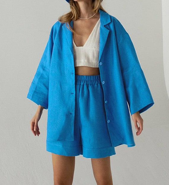 Loose Fitting Single Breasted Shirt High Waisted Straight Leg Pants - Trendha