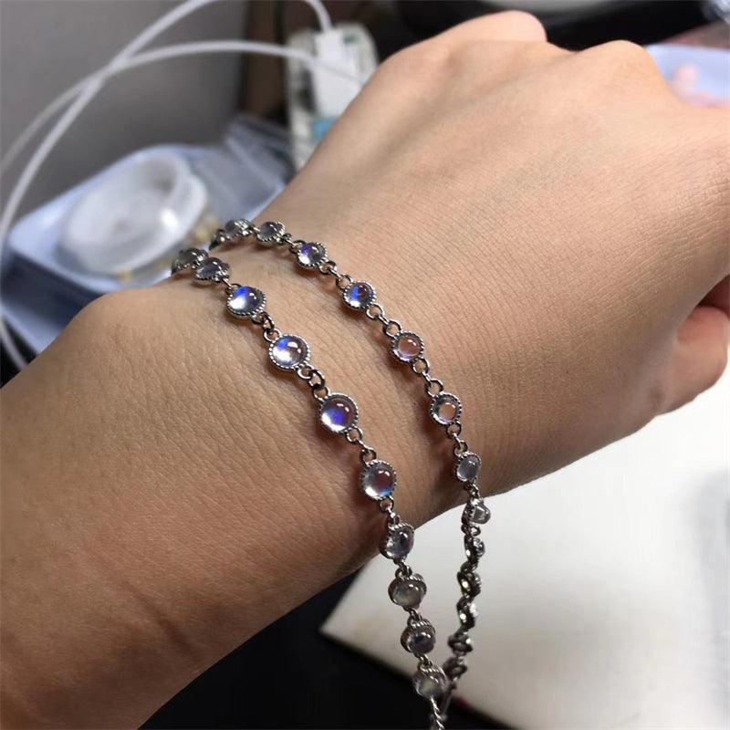 Natural Blue Moonlight Stone Silver 925 Inlaid Edge Bracelet - Trendha