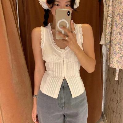 New Embroidered Lace Sweet U-collar Slim-fit Tank Top - Trendha