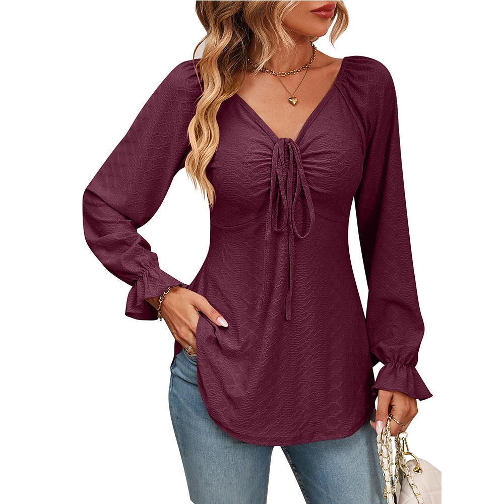 New European And American V-neck Drawstring Waist Sexy Long Sleeve Solid Color T-shirt - Trendha