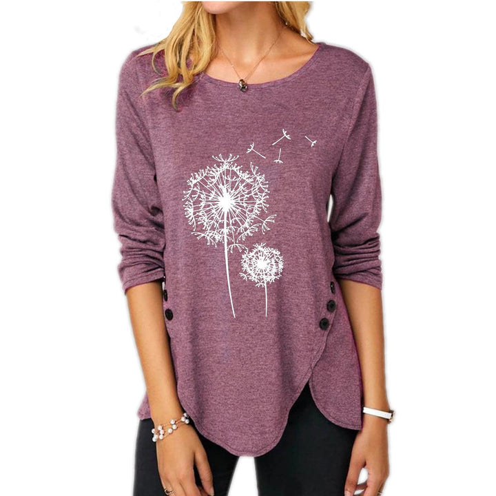 New Irregular Button Long Sleeve Round Neck Women's Printed Wear T-shirt - Trendha