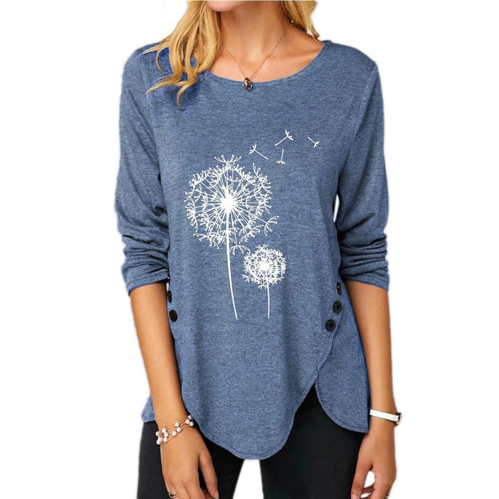 New Irregular Button Long Sleeve Round Neck Women's Printed Wear T-shirt - Trendha