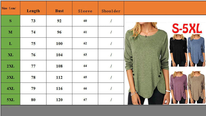 New Irregular Button Long Sleeve Round Neck Women's Printed Wear T-shirt - Trendha