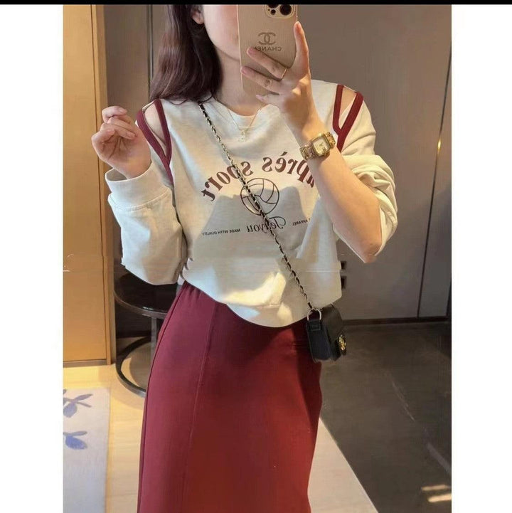 Off-shoulder Hoodie Female Spring Lazy Casual Crewneck Top Thin - Trendha