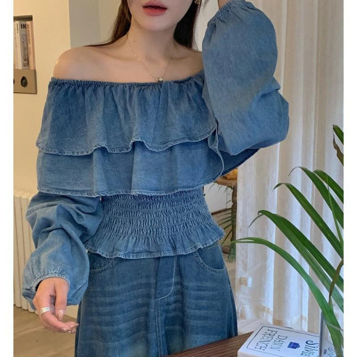 Retro Off-shoulder Waist-controlled Top Large Swing Denim Skirt - Trendha
