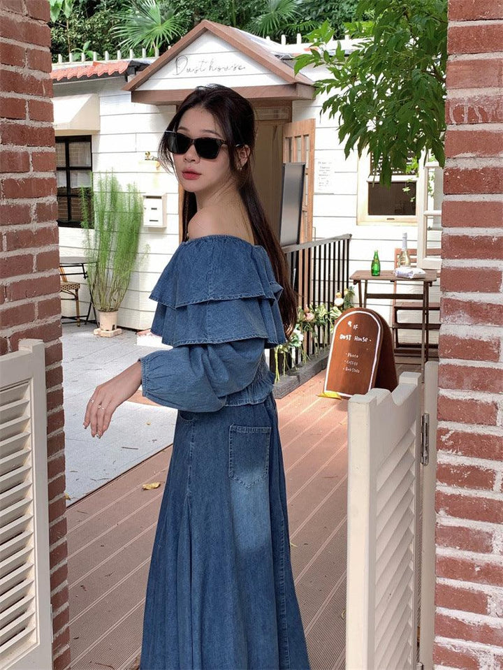 Retro Off-shoulder Waist-controlled Top Large Swing Denim Skirt - Trendha