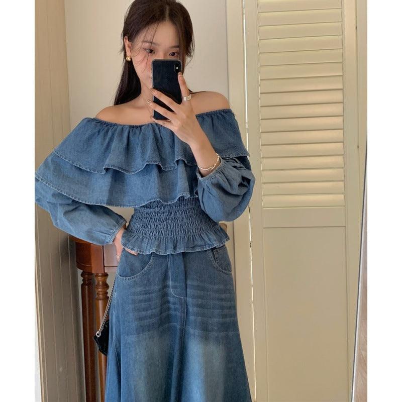 Retro Off-shoulder Waist-controlled Top Large Swing Denim Skirt - Trendha