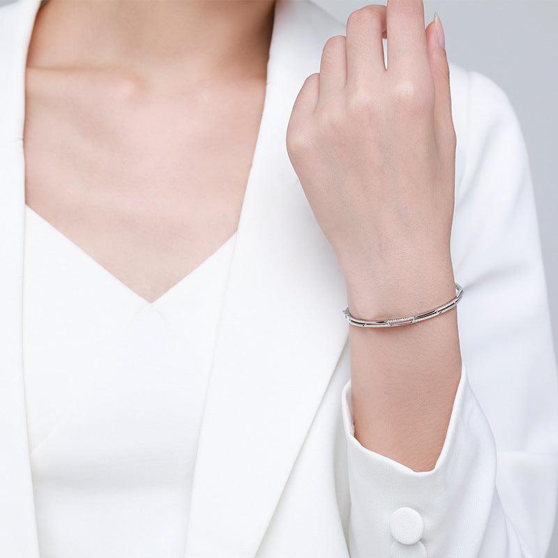 S925 Silver Bracelet Women's Double Layer Line Inlaid With Diamond Opening Collapsible Strap - Trendha