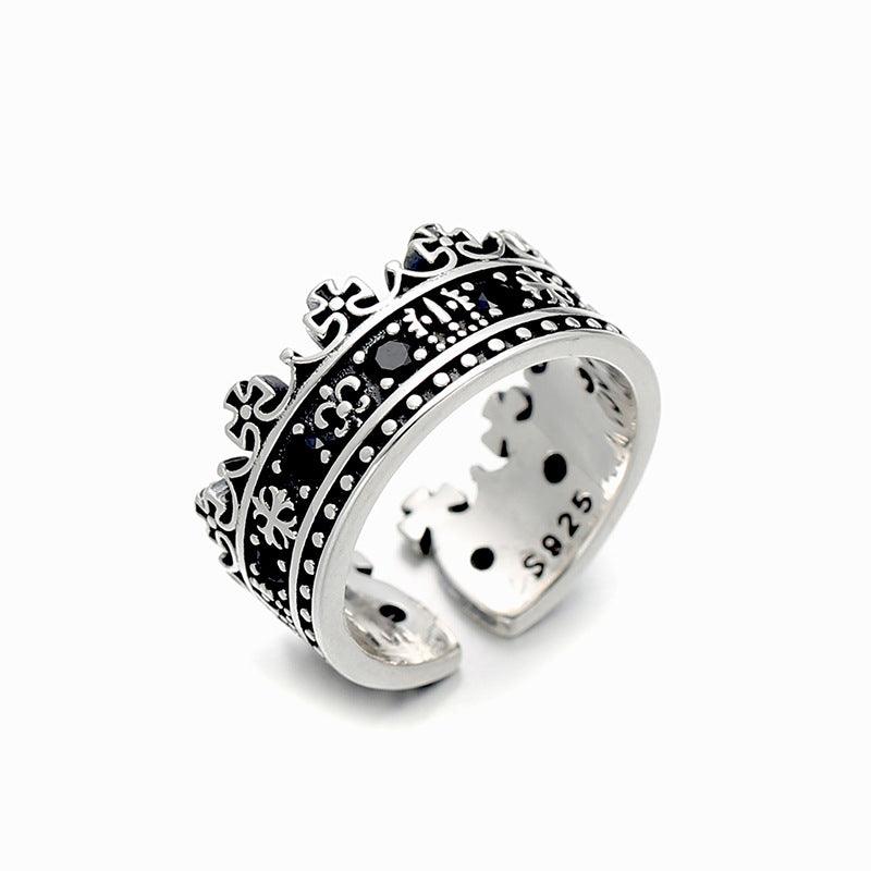 S925 Sterling Silver Inlaid Black Zircon Retro Geometric Adjustable Ring - Trendha