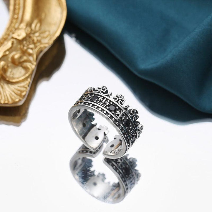 S925 Sterling Silver Inlaid Black Zircon Retro Geometric Adjustable Ring - Trendha