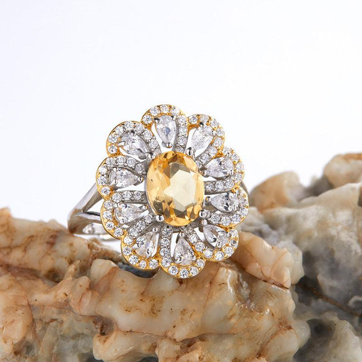 S925 Sterling Silver Inlaid Natural Citrine Flower Ring - Trendha