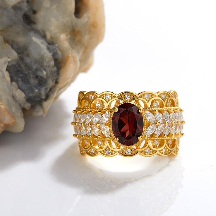 S925 Sterling Silver Inlaid Natural Pomegranate Vintage Lace Ring - Trendha