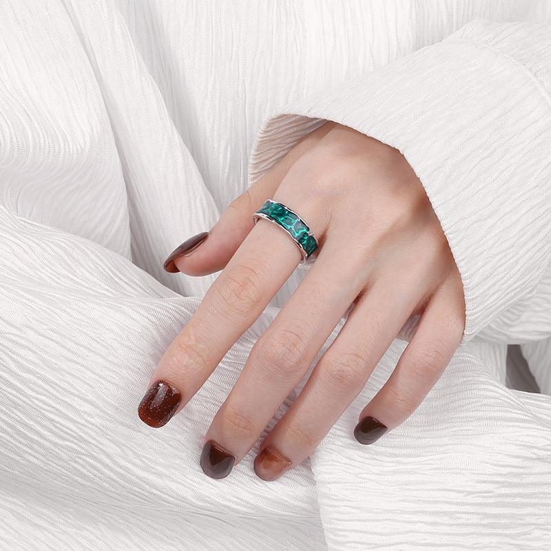 S925 Sterling Silver Irregular Green Dark Pattern Epoxy Ring - Trendha