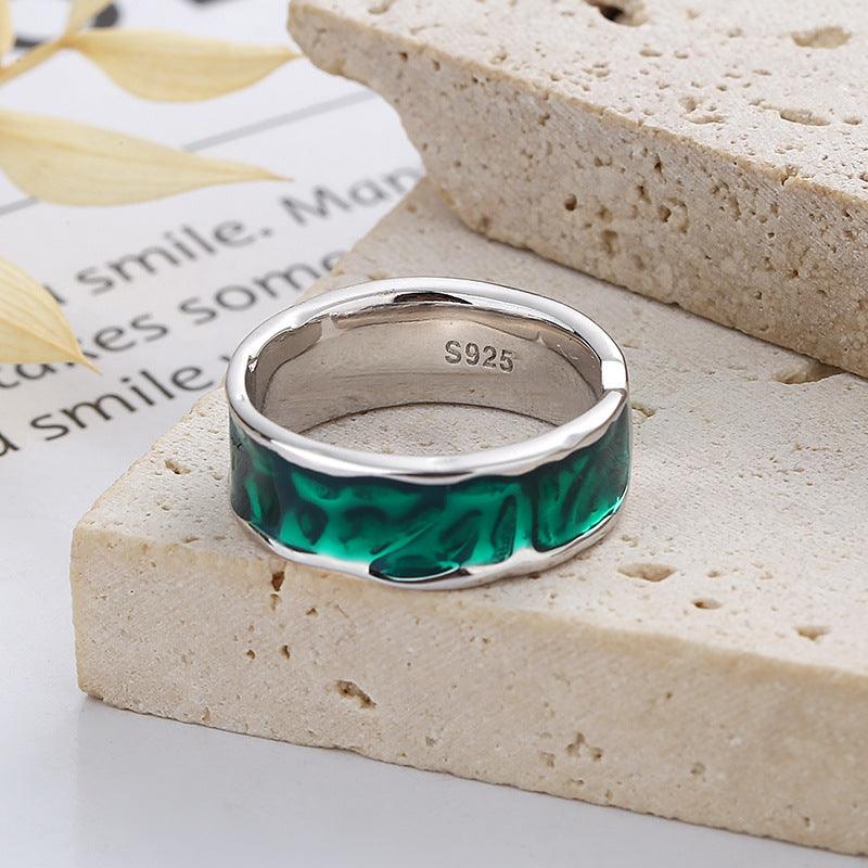 S925 Sterling Silver Irregular Green Dark Pattern Epoxy Ring - Trendha